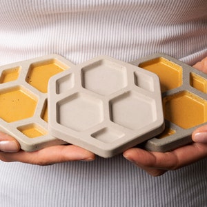 Concrete Coasters, Drink Coasters Modern Decor Hexagon Beverage Coaster Grey, White, Black Honey Gold image 6
