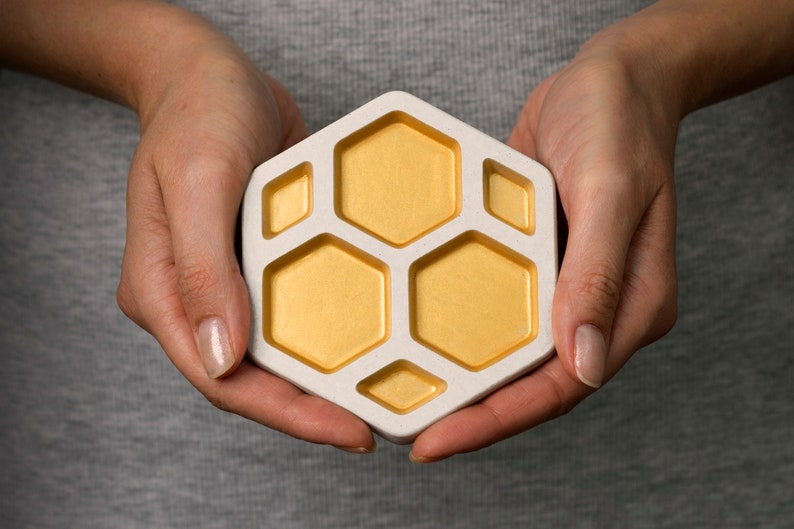 Concrete Coasters, Set of 4 Jewellery Holder Hexagon Beverage Coaster Industrial Design Home Decor White Gold Handmade image 5
