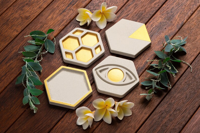 Concrete Coasters, Set of 4 Jewellery Holder Hexagon Beverage Coaster Industrial Design Home Decor White Gold Handmade image 1