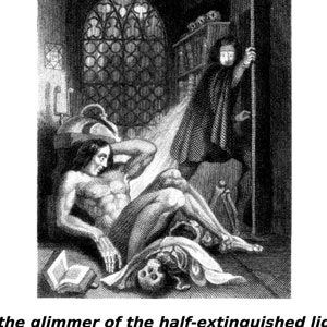 May include: A black and white illustration of a man lying on the floor in a dark room. He has a yellow eye open and is breathing hard. The text "By the glimmer of the half-extinguished light, I saw the dull, yellow eye of the creature open; it breathed hard, and a convulsive motion agitated its limbs... I rushed out of the room." is written below the image.