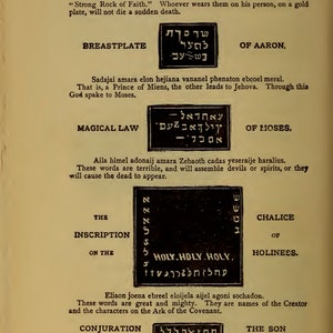 May include: A page from a book with text in English and Hebrew. The text discusses the names used by ancient Egyptians for God and the significance of wearing them on a gold plate. The page also includes images of Hebrew text, which are described as the "Breastplate of Aaron", "Magical Law of Moses", "The Inscription on the Chalice of Holiness", and "Conjuration of Eleazar".