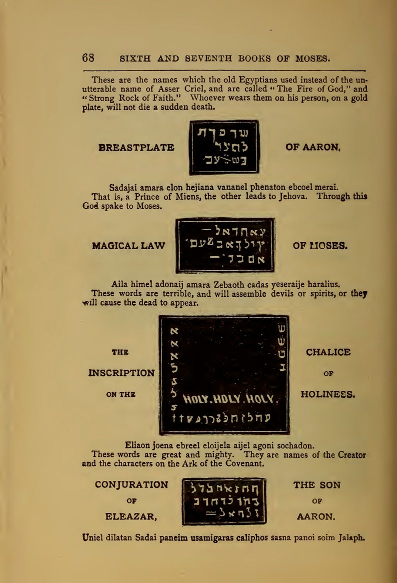 May include: A page from a book with text in English and Hebrew. The text discusses the names used by ancient Egyptians for God and the significance of wearing them on a gold plate. The page also includes images of Hebrew text, which are described as the "Breastplate of Aaron", "Magical Law of Moses", "The Inscription on the Chalice of Holiness", and "Conjuration of Eleazar".