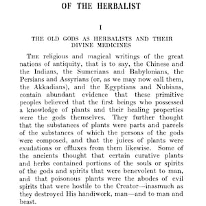 May include: A black and white page from a book with the title "The Divine Origin of the Craft of the Herbalist". The text discusses the religious and magical writings of ancient civilisations and their beliefs about the origins of herbalism.