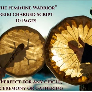 Op de afbeelding: Twee mensen die trommels vasthouden, een met een stok. De tekst "THE FEMININE WARRIOR" "REIKI CHARGED SCRIPT" "10 PAGES" en "PERFECT FOR ANY CIRCLE, CEREMONY OR GATHERING" is zichtbaar.