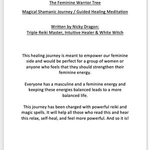 Op de afbeelding: Een zwart-wit tekstdocument met de titel "The Feminine Warrior Tree" en de ondertitel "Magical Shamanic Journey / Guided Healing Meditation". Het document bevat ook de tekst "Written by Nicky Dragon: Triple Reiki Master, Intuitive Healer & White Witch".