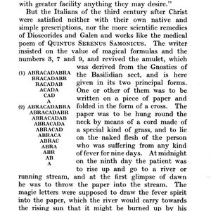 May include: A black and white text excerpt from a book about the origins of herbalism. The text discusses the use of the word "abracadabra" as a magical amulet and its origins in the Basilidian sect.