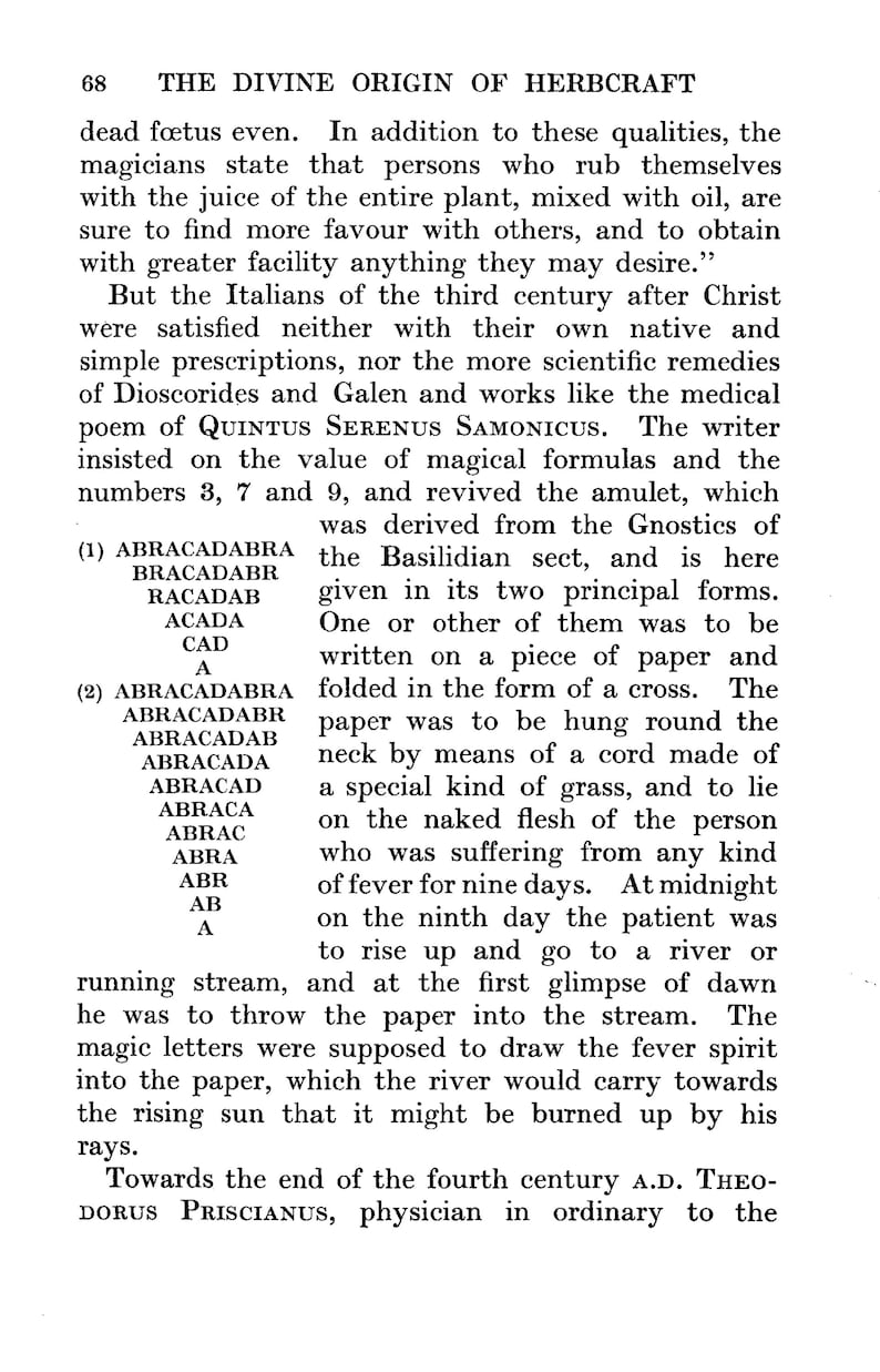May include: A black and white text excerpt from a book about the origins of herbalism. The text discusses the use of the word "abracadabra" as a magical amulet and its origins in the Basilidian sect.