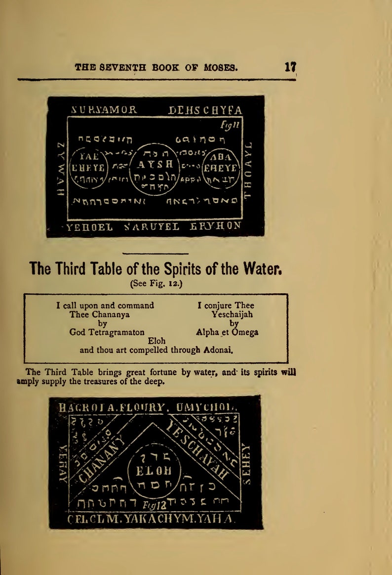 May include: A black and white image of a page from a book about the spirits of water. The page includes text and a diagram with Hebrew letters and the words "Yeschaijah" and "Chananya".