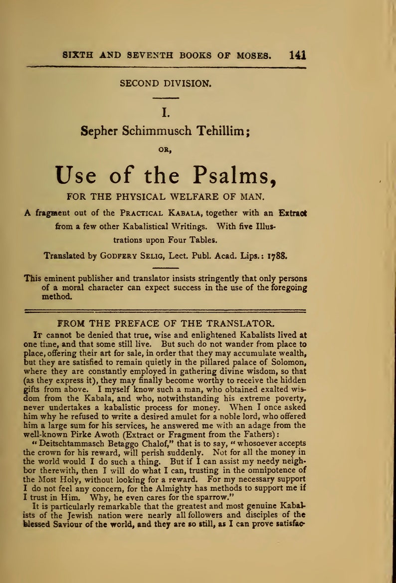 May include: A page from a book titled "Sixth and Seventh Books of Moses" with the chapter title "Use of the Psalms" and the subtitle "For the Physical Welfare of Man". The text discusses the Kabala and the importance of moral character in using the Psalms.