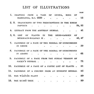 May include: A black and white list of illustrations with page numbers. The list includes drawings, transcripts, extracts, and facsimiles of pages from various historical texts, including the Ebers Papyrus, the Assyrian Herbal, and the Herbal of Dioscorides.