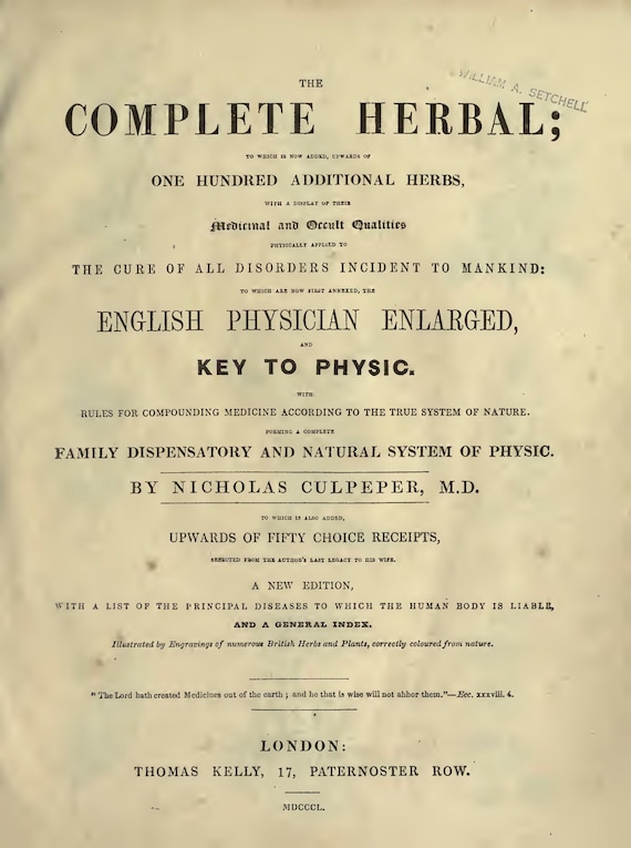 COMPLETE HERBAL MEDICINE Vintage Book, Culpeper, Illustrated, Essential Oils, Healing, Plants, Flowers, Medicinal, Cures, Medical, Pdf ebook