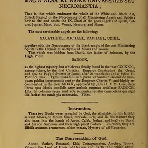 May include: A page from a book titled "The Sixth Book of Moses" with the text "Magia Alba Et Nigra Universalis Seu Necromantia" at the top. The text discusses the Necromancy of the White and Black Art, the Necromancy of all Ministering Angels and Spirits, and the IX. Chori of the good angels and spirits. The text also mentions the names of angels such as Salatheel, Michael, Raphael, and Uriel.