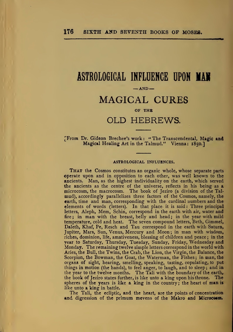 May include: A page from a book about the astrological influence upon man and magical cures of the old Hebrews. The text discusses the cosmos, the earth, time, and man, and how they correspond to the cardinal numbers and elements of words. The text also mentions the book of Jeziro, which is a division of the Talmud.