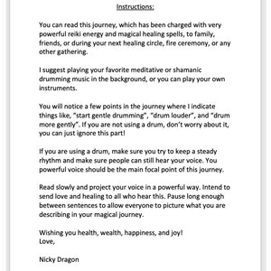 Op de afbeelding: Instructies voor een geleide meditatiereis. De tekst suggereert om drummuziek op de achtergrond te spelen of een drum te gebruiken om de ervaring te verbeteren. Het moedigt lezers aan om hun stem krachtig te projecteren en liefde en genezing te sturen naar degenen die luisteren.