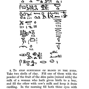 May include: A black and white image of ancient Egyptian hieroglyphs. The text describes a remedy for blood in the eyes using a mixture of d&uuml;m palm powder, cow's milk, and woman's milk.