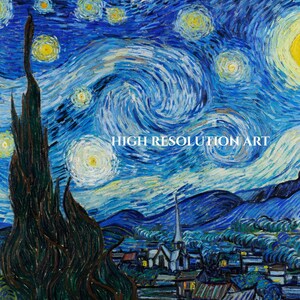 May include: A reproduction of Van Gogh's "Starry Night" painting. The artwork features a swirling blue night sky with bright yellow stars and a crescent moon. The text "HIGH RESOLUTION ART" is visible. A dark, tall cypress tree is in the foreground.