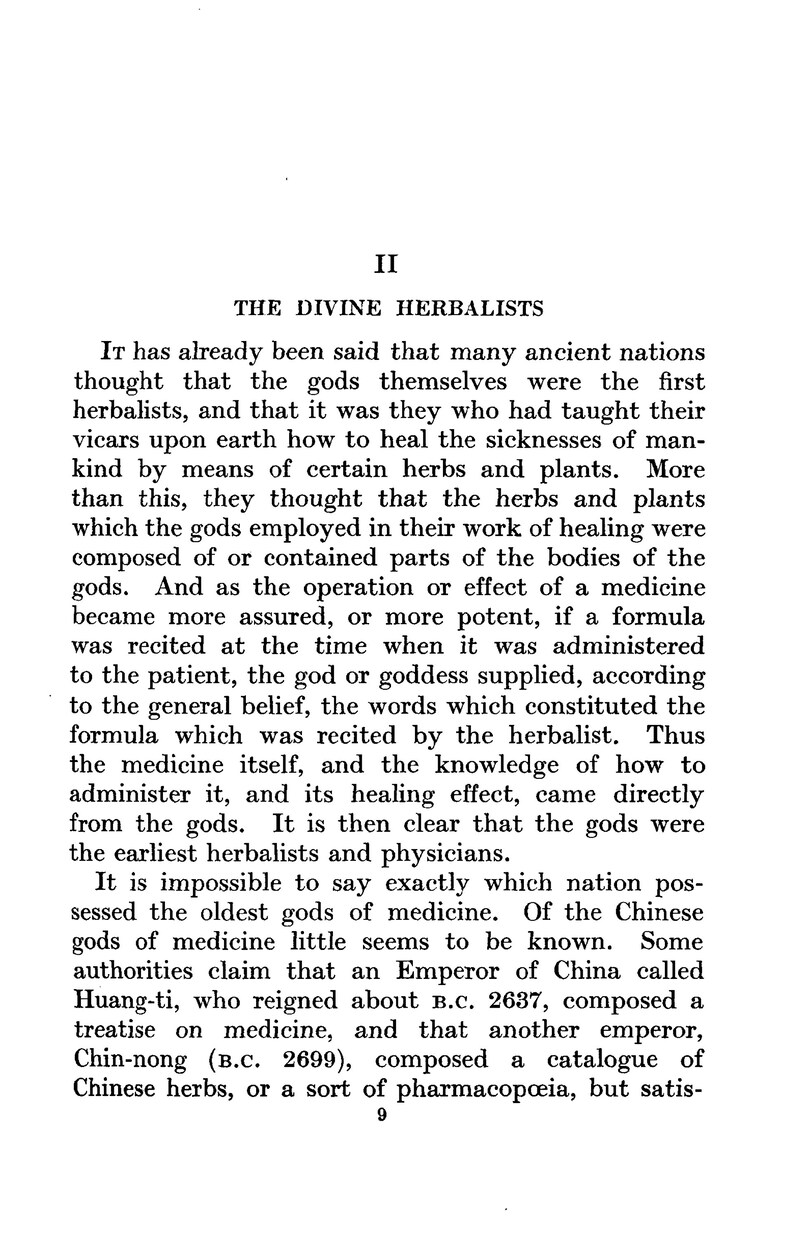 May include: A page from an antique book about herbalism and the history of medicine. The text discusses the belief that ancient gods were the first herbalists and taught their followers how to use herbs and plants for healing.