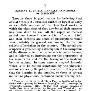 May include: A black and white page from a book about ancient Egyptian herbalism and medicine. The text discusses the history of herbalists in Egypt and the contents of medical papyri.