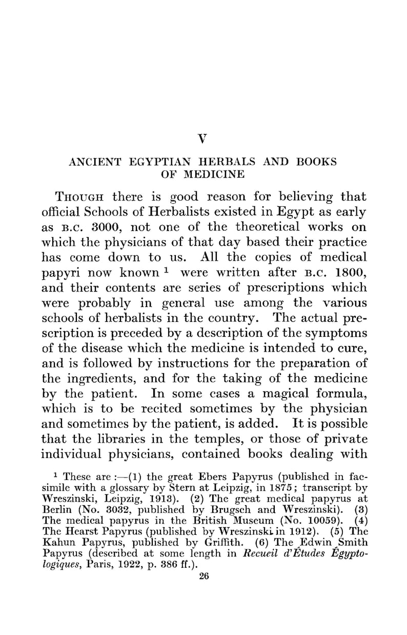 May include: A black and white page from a book about ancient Egyptian herbalism and medicine. The text discusses the history of herbalists in Egypt and the contents of medical papyri.
