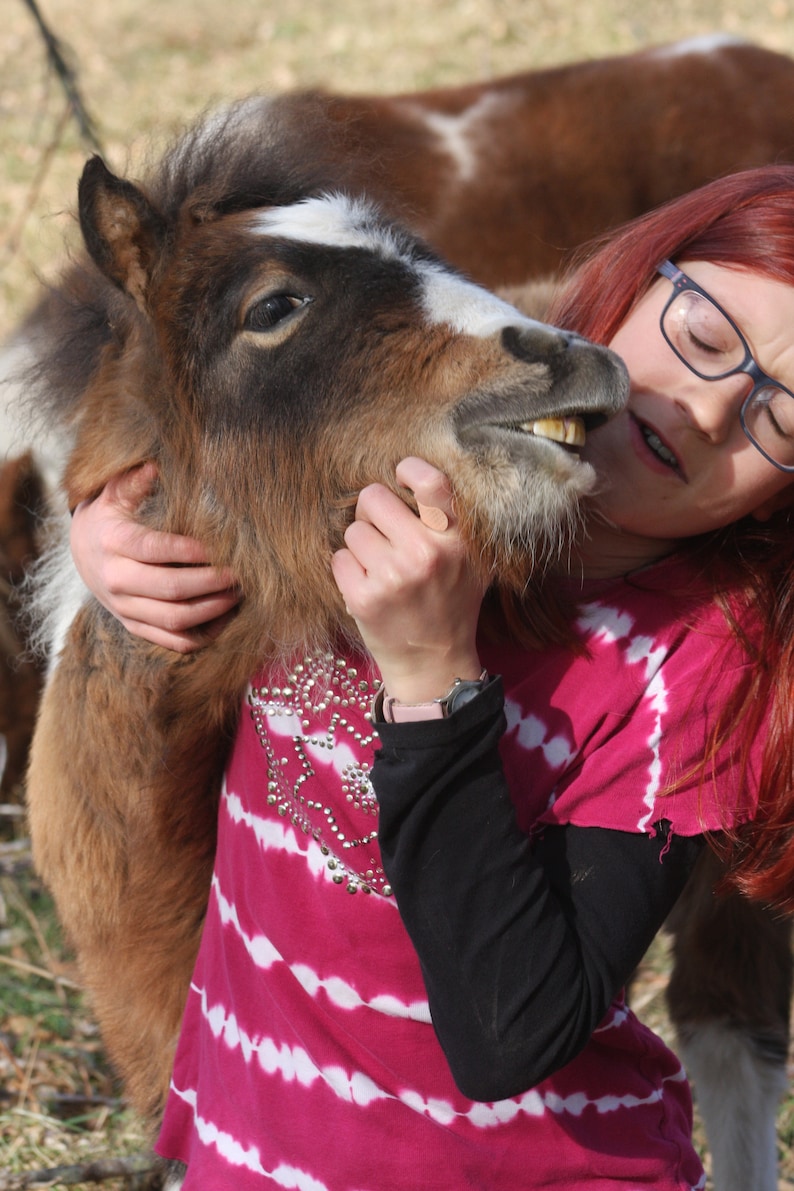 May include: A woman with red hair is hugging a brown and white pony. She is wearing a pink and white tie-dye shirt with black sleeves and a watch.