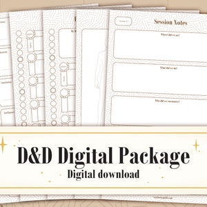 Puede incluir: Un conjunto de hojas imprimibles del paquete digital de D&D. Las hojas tienen un fondo beige con dibujos lineales marrones. Las hojas incluyen secciones para habilidades, hojas de personajes y notas de sesi&oacute;n. Se muestra el texto "D&D Digital Package" y "Digital download".