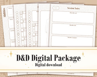 May include: A stack of printable D&D digital package sheets. The sheets have a beige background with brown line art. The sheets include sections for abilities, character sheets, and session notes. The text "D&D Digital Package" and "Digital download" are displayed.