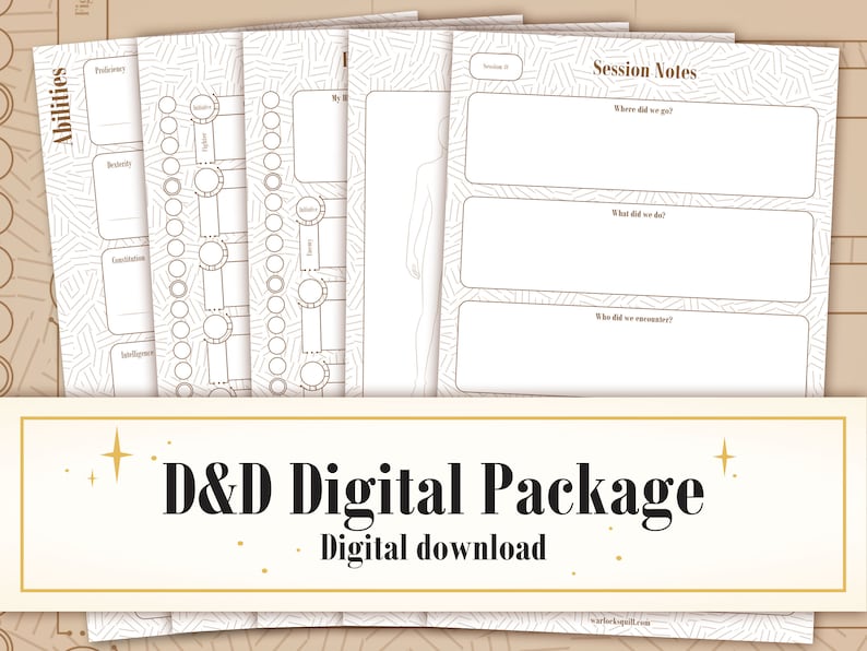 Puede incluir: Un conjunto de hojas imprimibles del paquete digital de D&D. Las hojas tienen un fondo beige con dibujos lineales marrones. Las hojas incluyen secciones para habilidades, hojas de personajes y notas de sesi&oacute;n. Se muestra el texto "D&D Digital Package" y "Digital download".
