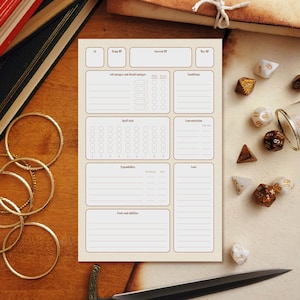 以下が含まれることがあります： 統計、呪文、能力、メモのためのセクションを持つ、印刷可能なダンジョンズ＆ドラゴンズのキャラクターシート。シートは、茶色の線が入った白い紙に印刷されています。