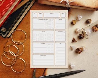 Könnte beinhalten: Ein druckbares Dungeons and Dragons Charakterblatt mit Abschnitten für Werte, Zauber, Fähigkeiten und Notizen. Das Blatt ist auf weißem Papier mit braunen Linien gedruckt.