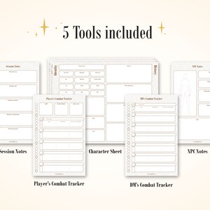 Puede incluir: Un surtido de cinco hojas imprimibles beige y blancas para juegos de rol. Las hojas incluyen "Session Notes", "Character Sheet", "Player's Combat Tracker", "DM's Combat Tracker" y "NPC Notes". El texto "5 Tools included" est&aacute; en la parte superior.