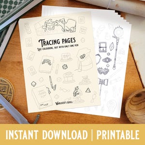 May include: A printable tracing page with a Dungeons and Dragons theme. The page features various illustrations, including a dragon, a spellbook, a dice, and a character. The text "Tracing Pages" and "Like colouring, but with only one pen" is printed at the top of the page.