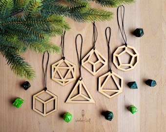 D&D Dice Christmas Ornaments | Dungeons and Dragons Holiday Decor | 6 Wooden Ornaments