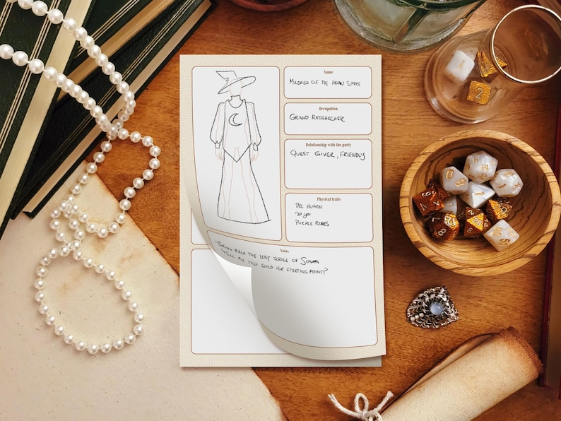 K&ouml;nnte beinhalten: Ein druckbares Charakterblatt f&uuml;r ein Tabletop-Rollenspiel. Das Blatt zeigt eine Zeichnung einer Hexe, die einen spitzen Hut und ein langes Gewand tr&auml;gt. Der Text auf dem Blatt lautet "Meister der Arkanen K&uuml;nste", "Gro&szlig;er Forscher", "Questgeber, Freundlich" und "Die Ger&uuml;chte "gehen hoch" Essig-Bomben".