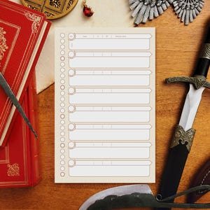 May include: A blank, cream-coloured, spiral bound notebook with a brown border and 10 lines per page. The notebook is lying on a wooden surface with a red book, a sword, and other decorative items.