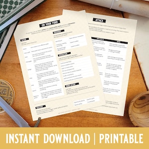 May include: A tabletop scene with printed game guides, a decorative metal coaster, a wooden bowl, and a decorative dagger. The guides have text including "ON YOUR TURN" and "ATTACK". The bottom of the image has the text "INSTANT DOWNLOAD | PRINTABLE".
