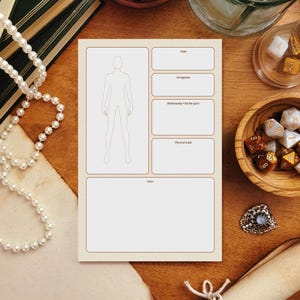 May include: A printable character sheet for role-playing games. The sheet includes a space for a character's name, background, relationship with the party, physical traits, and notes. There is also a simple outline of a person for drawing a character.