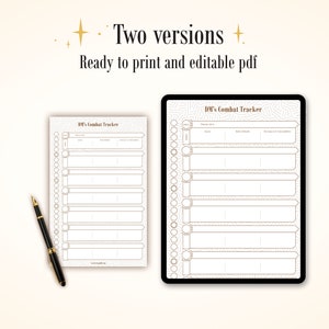 Puede incluir: Una descarga digital que presenta un DM's Combat Tracker en dos versiones: una hoja impresa y un dise&ntilde;o tipo tableta. El rastreador tiene un dise&ntilde;o dorado y blanco con espacio para rastrear la iniciativa, la salud y otros detalles de combate. Un bol&iacute;grafo negro y dorado descansa cerca de la hoja impresa.