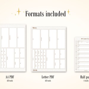 Puede incluir: Imagen que muestra tres formatos diferentes de plantillas imprimibles: A4 PDF, Letter PDF y una opci&oacute;n de media p&aacute;gina. Cada plantilla presenta un dise&ntilde;o tipo cuadr&iacute;cula con etiquetas de texto, ideal para organizar informaci&oacute;n. El texto "Formats included" est&aacute; en la parte superior.