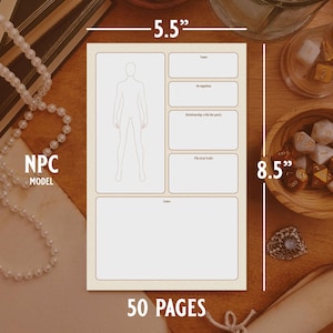 K&ouml;nnte beinhalten: Ein 50-seitiges Notizbuch im Format 5,5 x 8,5 Zoll mit einer Charakterdesign-Vorlage. Die Vorlage enth&auml;lt Abschnitte f&uuml;r Name, Hintergrund, Beziehung zur Gruppe, k&ouml;rperliche Merkmale und Notizen. Das Notizbuch hat einen cremefarbenen Einband mit braunem Text.