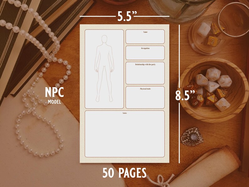 K&ouml;nnte beinhalten: Ein 50-seitiges Notizbuch im Format 5,5 x 8,5 Zoll mit einer Charakterdesign-Vorlage. Die Vorlage enth&auml;lt Abschnitte f&uuml;r Name, Hintergrund, Beziehung zur Gruppe, k&ouml;rperliche Merkmale und Notizen. Das Notizbuch hat einen cremefarbenen Einband mit braunem Text.