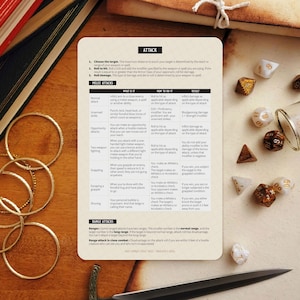 Könnte beinhalten: Nahaufnahme einer Seite aus einem Rollenspielbuch mit der Überschrift "Angriff". Die Seite beschreibt verschiedene Arten von Angriffen, darunter Nahkampf- und Fernkampfangriffe. Die Seite enthält auch eine Tabelle mit Informationen zu jeder Art von Angriff, wie z. B. wie man sie ausführt und das Ergebnis.