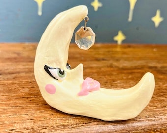 Blushy Moon Clay Figurine, Whimsical Celestial Sculpture