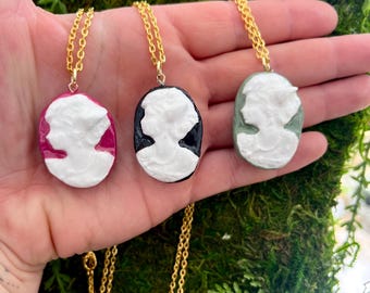 Hand Painted Clay Fae-meo Necklace, Gold Plated Chain, Cameo, Fae