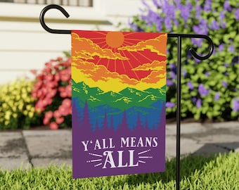 Yall Means All Flag, Gay Pride Garden Flag, Gay Southern Flag, Rainbow Mountain Banner, 12x18 flag, 24x32 flag wall art, LGBTQ Ally Flag