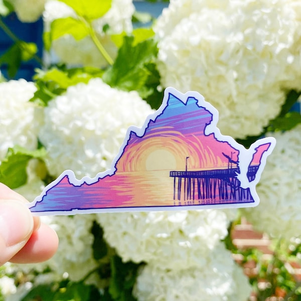 VA sticker for laptop, Virginia beach sticker, VA state sticker, VA beach art sunset, Waterproof stickers for waterbottle, Virginia gifts