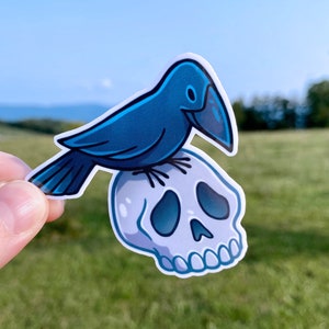 Raven and skull sticker, Cute crow sticker, Raven halloween stickers, Raven gift, Cute halloween sticker, Vinyl sticker for waterbottle