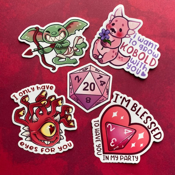 DnD valentines day sticker set of 5, Dnd sticker, Waterproof vinyl stickers for waterbottle, DnD gifts, Dungeons and dragons sticker