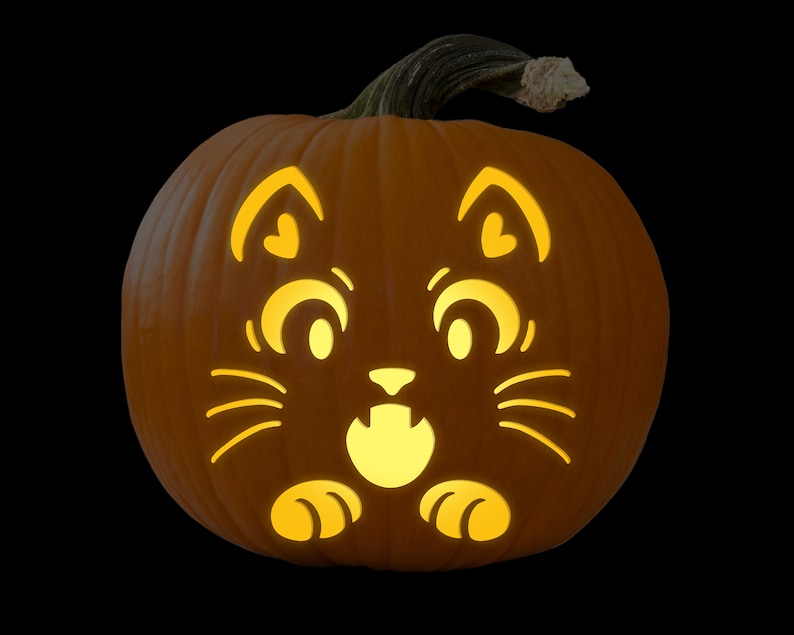May include: A carved pumpkin with a cute cat face. The cat has big eyes, a small nose, and whiskers. The pumpkin is lit from inside, making the cat's face glow.