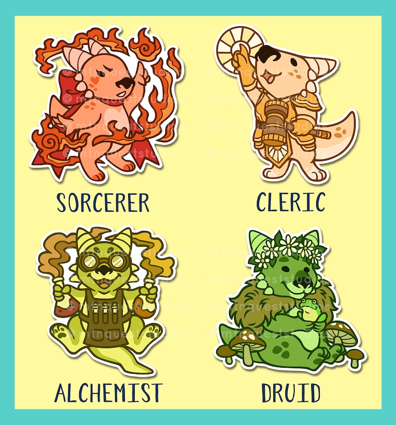 May include: Four illustrated stickers featuring different fantasy character classes. The sorcerer is a red and orange dragon with flames. The cleric is a yellow and brown dragon holding a hammer. The alchemist is a green dragon with goggles and test tubes. The druid is a green dragon holding a frog and surrounded by mushrooms.