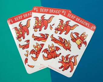 Hoja de pegatinas de dragones divertidos, juego de pegatinas de dragones adorables, regalo para amantes de los dragones, pegatinas de vinilo impermeables, dragón chibi, pegatinas de dragón bebé atrevido